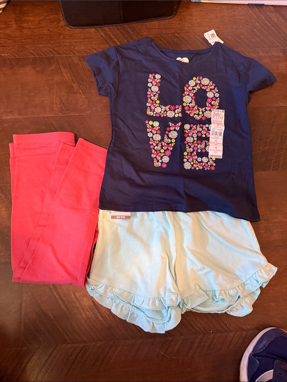 Navy Floral 'LOVE' Tee with Pink Leggings & Light Blue Ruffle Shorts